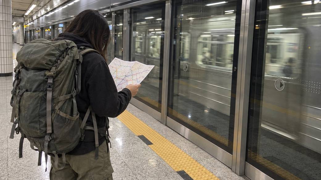A backpacker with a large rucksack studying a subway map on the platform of a Seoul Metro station, train arriving