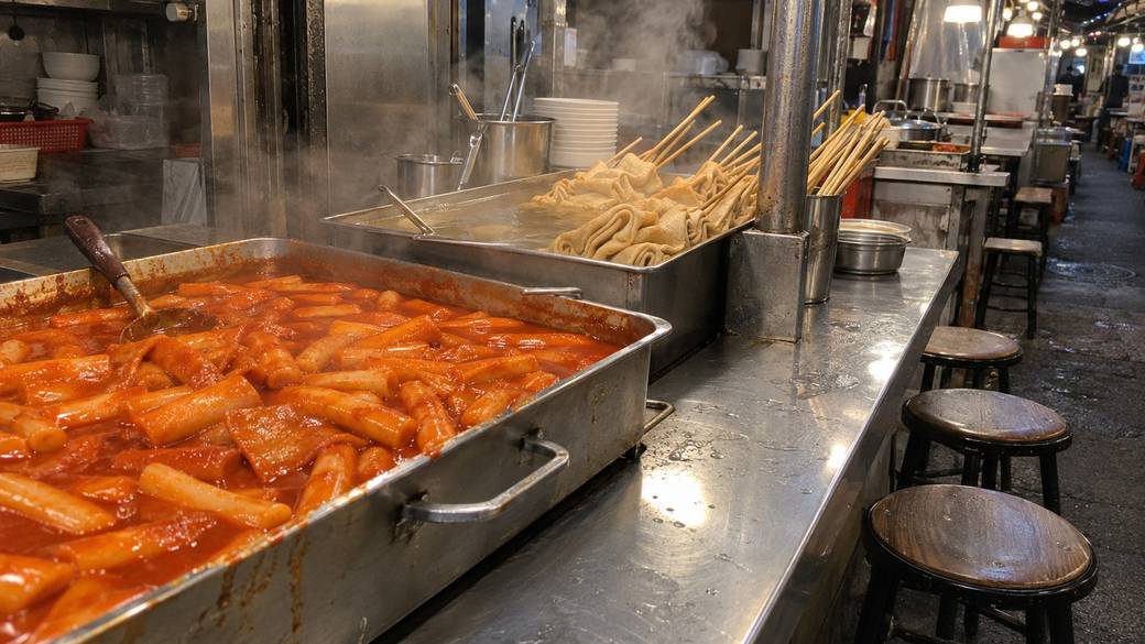 Covered market stall in Seoul at night with red tteokbokki and fish-cake skewers simmering in steel trays